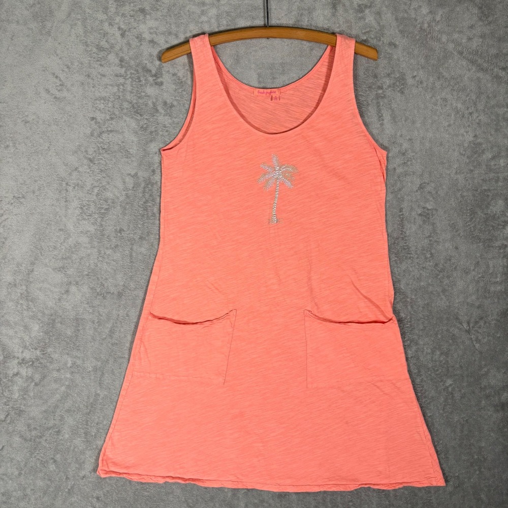 Fresh Produce Womens Coral Cotton Slub Rhinestone‎ Palm Tree Tank Dress Medium